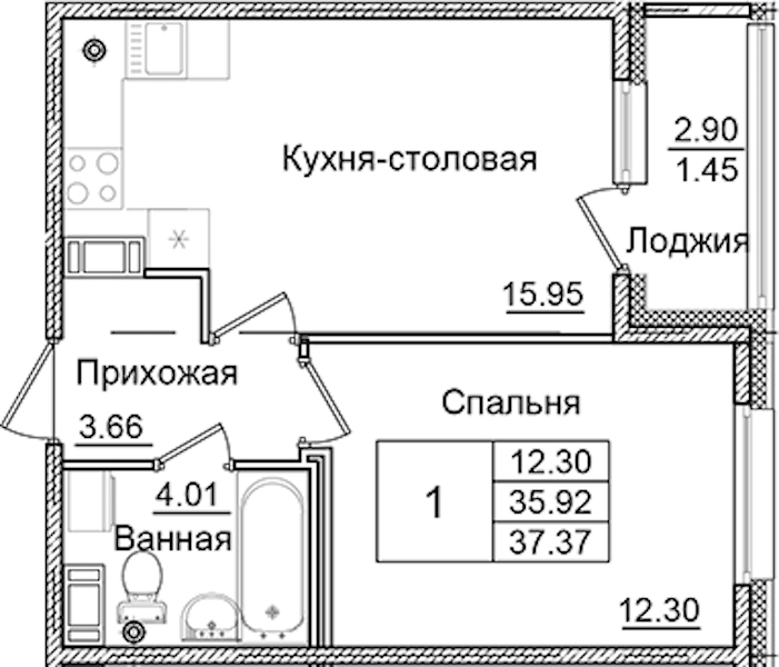 1-комнатная квартира 37.37 м², 8/9 эт., ЖК «Квартал Заречье»